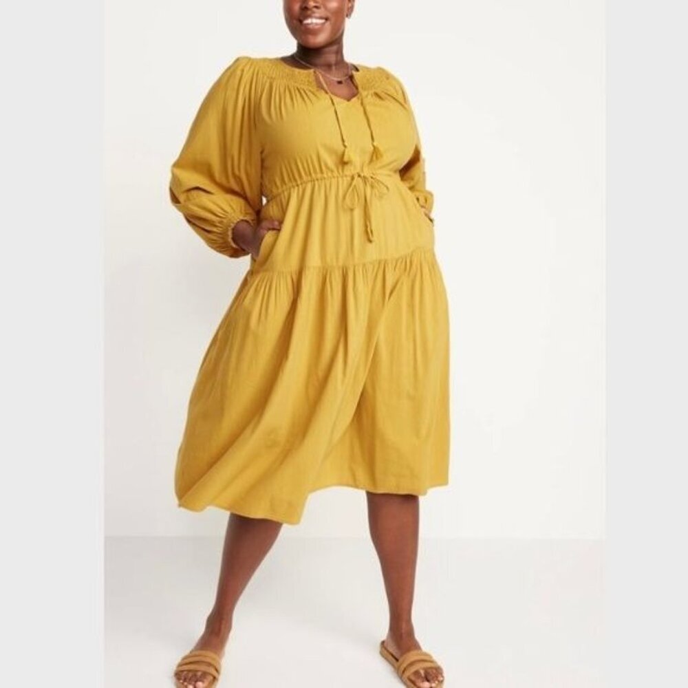 Old Navy Women’s Size L TALL Mustard Waist-Defined Crinkle-Textured Midi Dress